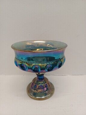 Indiana Glass Kings Crown Carnival Glass Iridescent Blue Thumbprint Bowl Vintage
